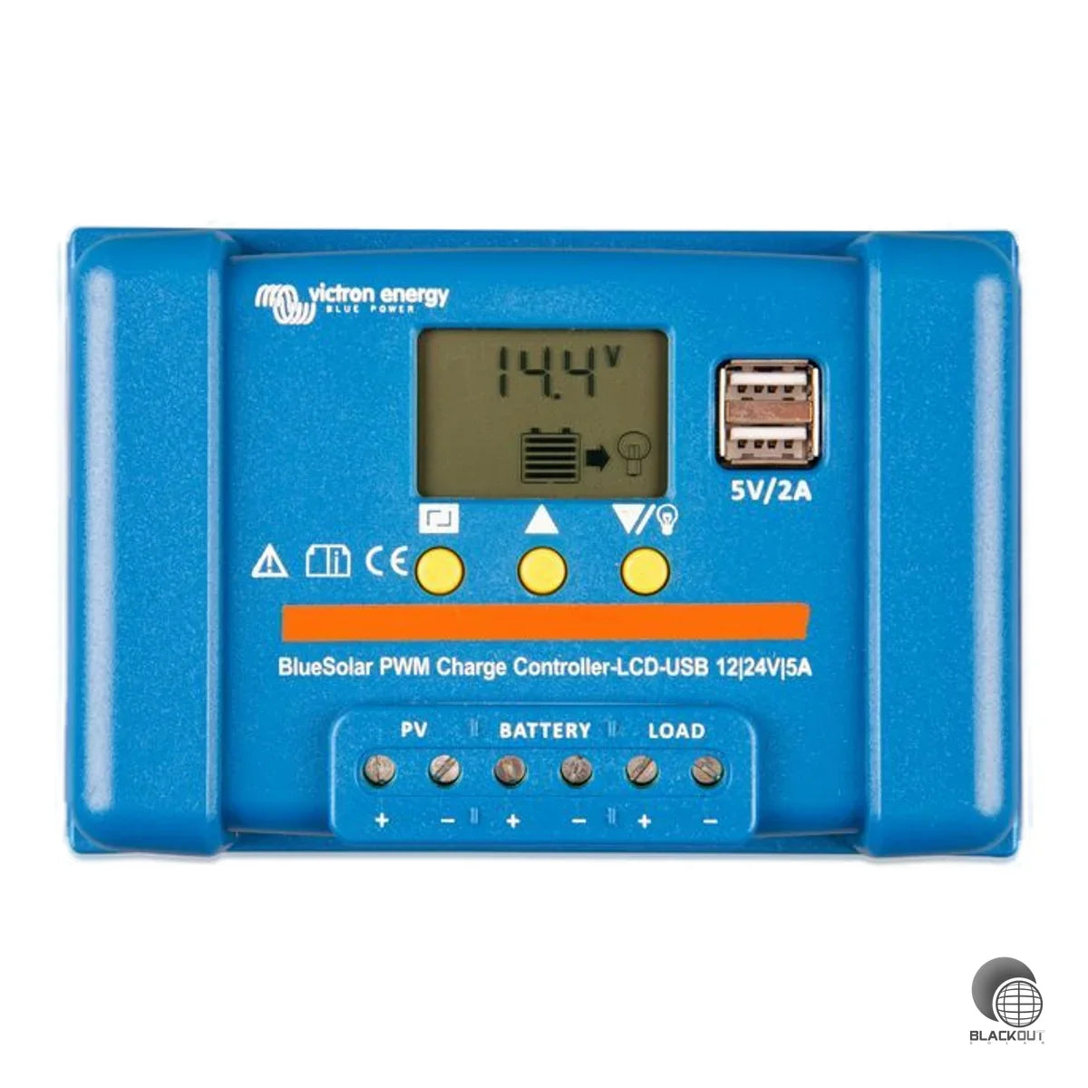 PWM-Solarladeregler für 12/24V-Inselsysteme mit 5 A Lade- und Laststrom, LCD-Display und zwei USB-Ausgängen. Kompakt, programmierbar und ideal für kleine Off-Grid-Anwendungen.