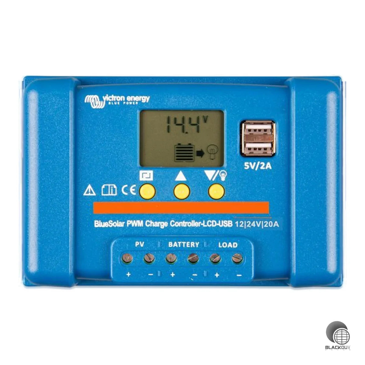 PWM-Solarladeregler mit LCD-Display, 2x USB-Ausgang und 20 A Nennladestrom für 12/24-V-Systeme mit automatischer Spannungserkennung.
