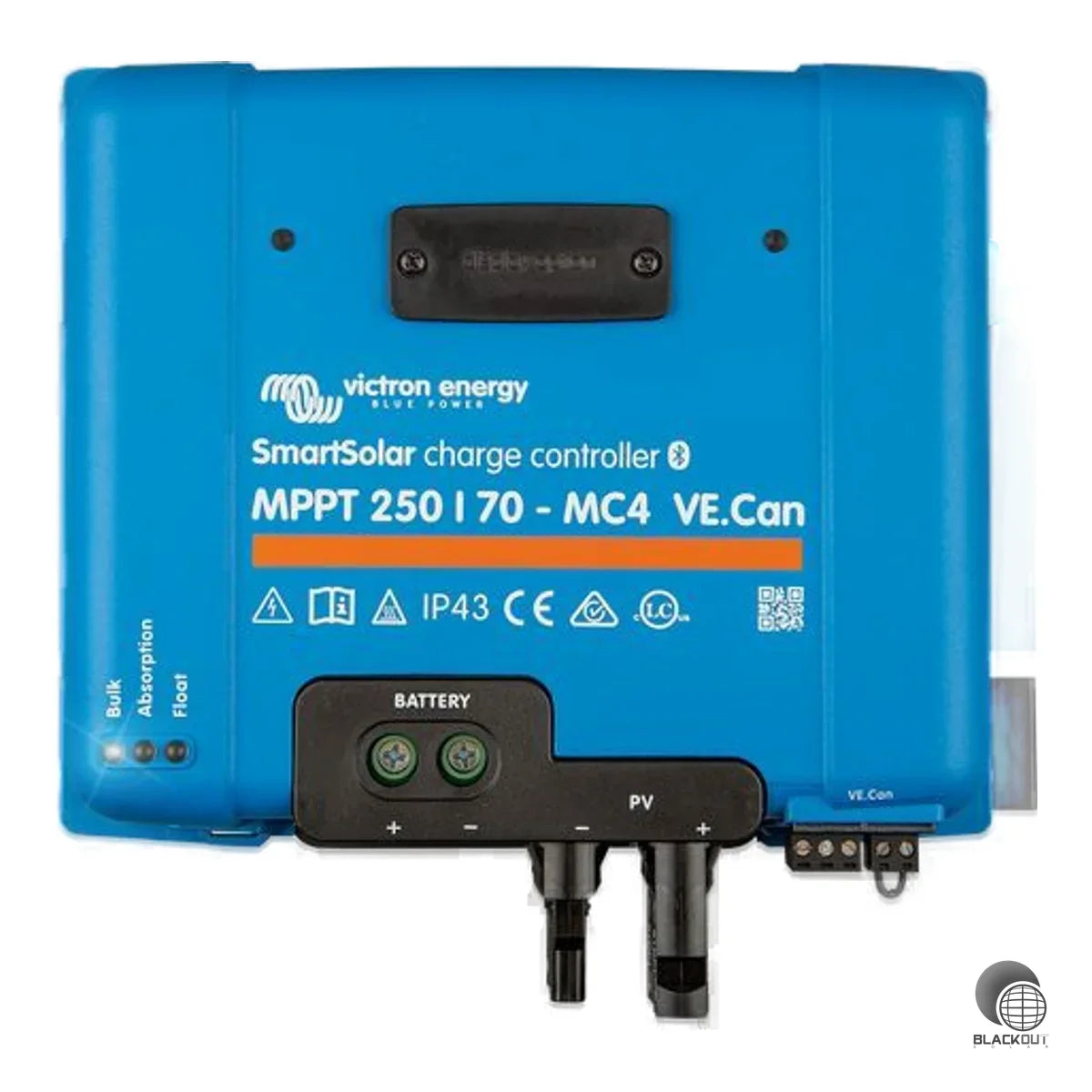 MPPT-Solarladeregler mit 70 A Nennladestrom und bis zu 250 V PV-Eingangsspannung für 12/24/36/48-V-Batteriesysteme. Integriertes Bluetooth, VE.Can- und VE.Direct-Schnittstelle für flexible Systemeinbindung und synchronisierten Parallelbetrieb.