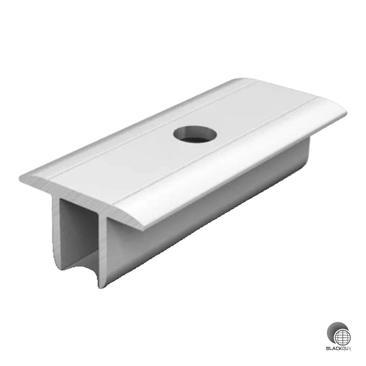 Aluminium-Mittelklemme von K2 Systems zum sicheren Fixieren benachbarter Solarmodule auf K2 Modultrageschienen – kompatibel mit Rahmenhöhen von 25 bis 50 mm.