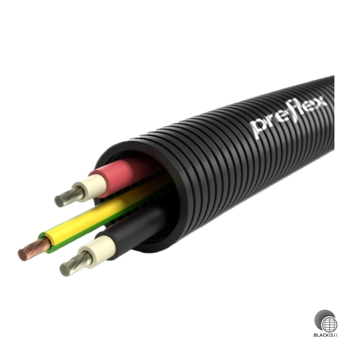 UV-stabiles, halogenfreies und flexibles Elektroinstallationsrohr Ø 25mm von Pipelife, werkseitig vorverdrahtet mit 2x 6mm² DC-Kabel (rot/schwarz) und 1x 6mm² PE-Kabel – ideal für die schnelle und effiziente Installation von Photovoltaikanlagen.