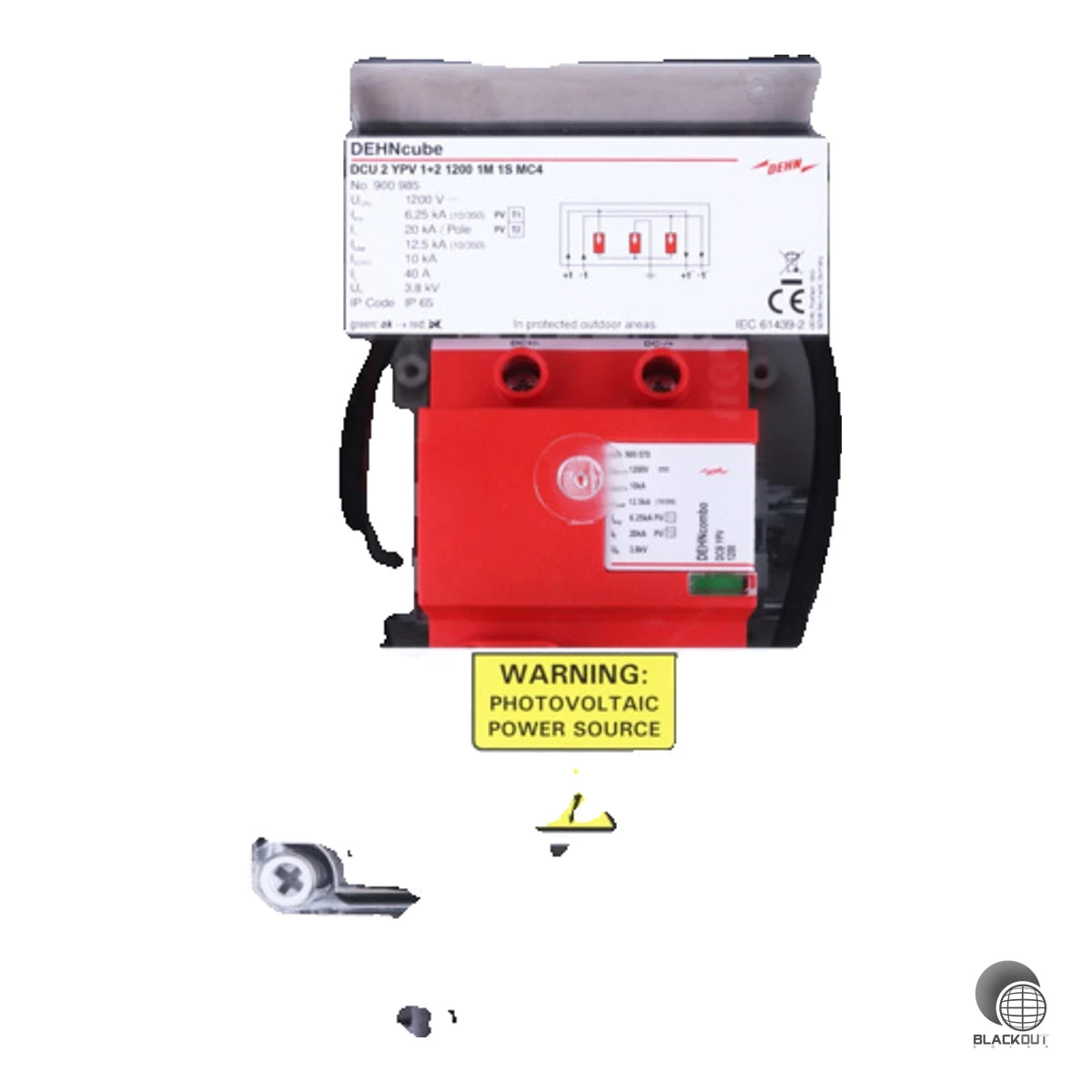 Generatoranschlusskasten mit kombiniertem Typ 1+2 Überspannungsschutz für PV-Anlagen bis 1200 V DC. Schützt einen MPP-Eingang und einen String, inklusive Original MC4 Steckverbindung in IP65-Gehäuse.