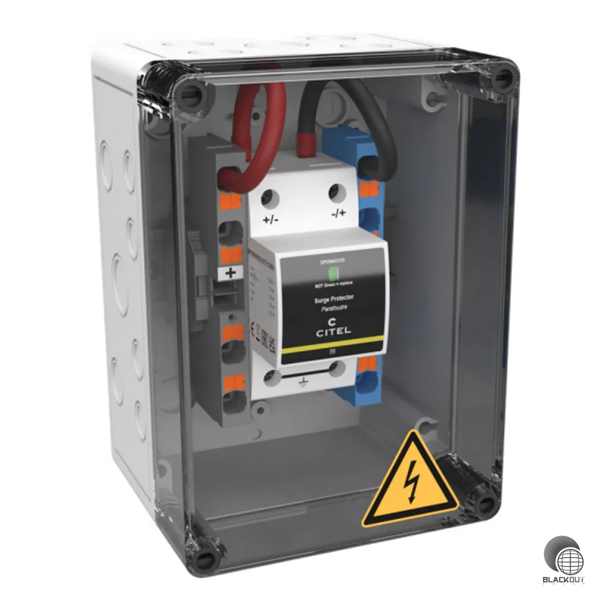 Kompakter DC-Generatoranschlusskasten mit integriertem Kombiableiter Typ 2+3 und patentierter CTC-Technologie für 1 MPP-Tracker und 2 Strings bis 1000 VDC.