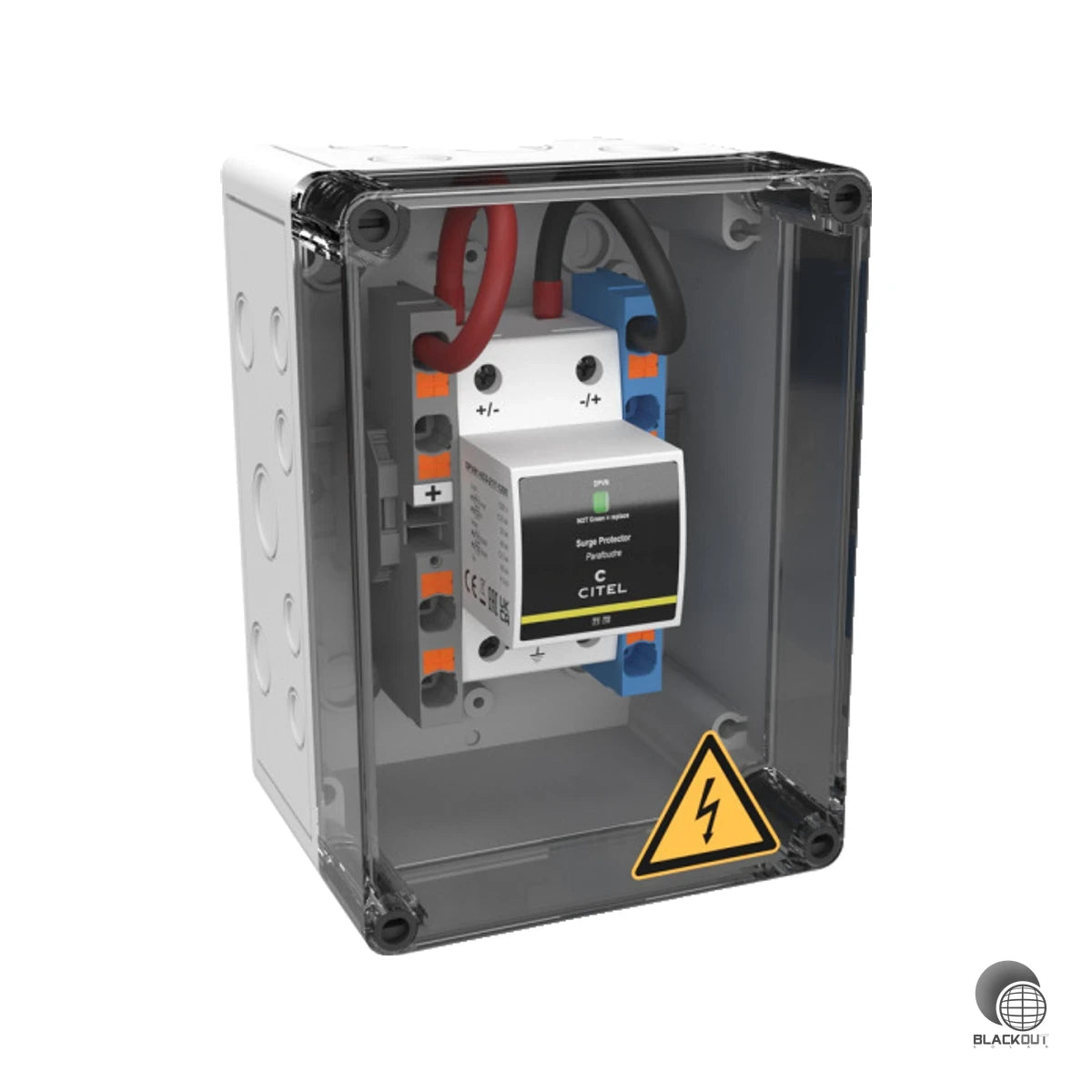 Kompakter Generatoranschlusskasten (GAK) der Citel XS-Serie für PV-Anlagen mit integriertem Überspannungsschutz Typ 1+2+3 – alles in einem Gerät, direkt montierfertig.