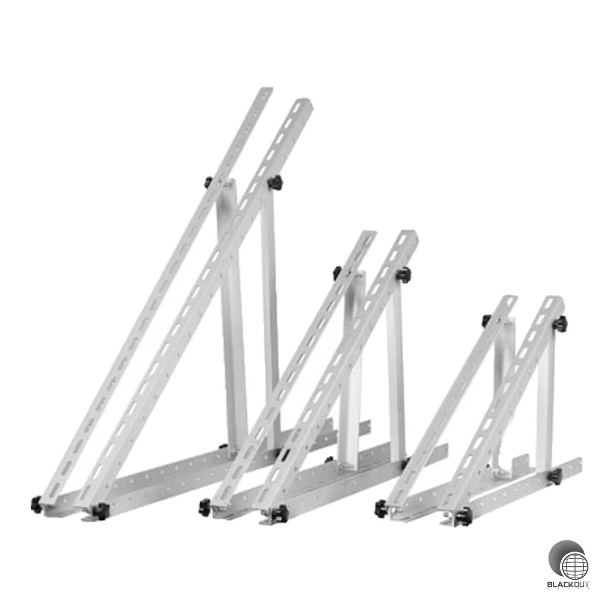 Aluminium-Modulträger für Solarmodule bis 140 W mit stufenlos einstellbarem Neigungswinkel von 0° bis 90°. Geeignet für Boden- und Wandmontage, inklusive Montagematerial.