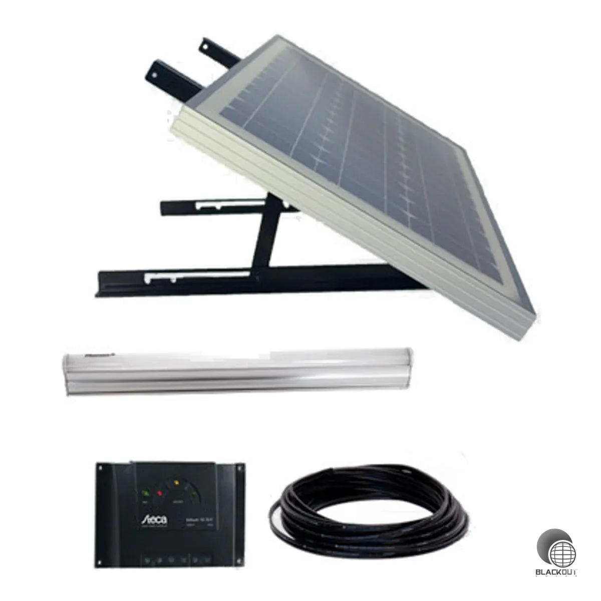 Kompaktes Solar-Beleuchtungskit für netzunabhängiges Licht in Gartenhütten, Garagen und überdachten Außenbereichen. Inklusive 30-W-Solarmodul, 360-Lumen-LED-Einheit, Laderegler und Modulhalterung.