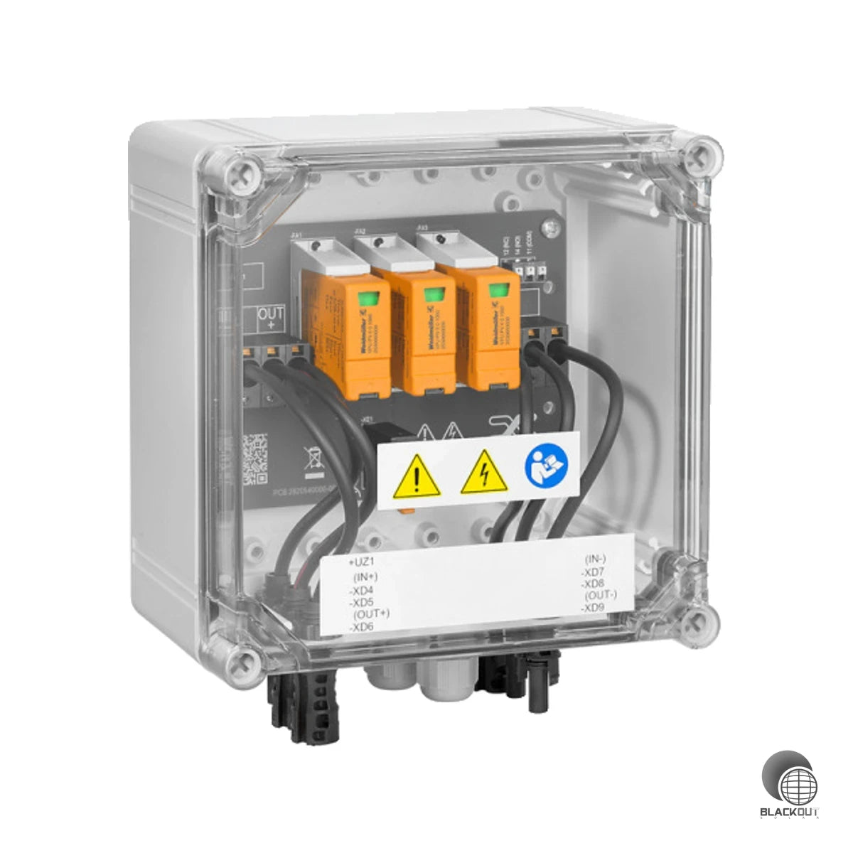 Kompakter DC-Generatoranschlusskasten für Photovoltaikanlagen mit integriertem Überspannungsschutz Typ 1+2 und 1 MPP-Eingang mit 2 Strings.