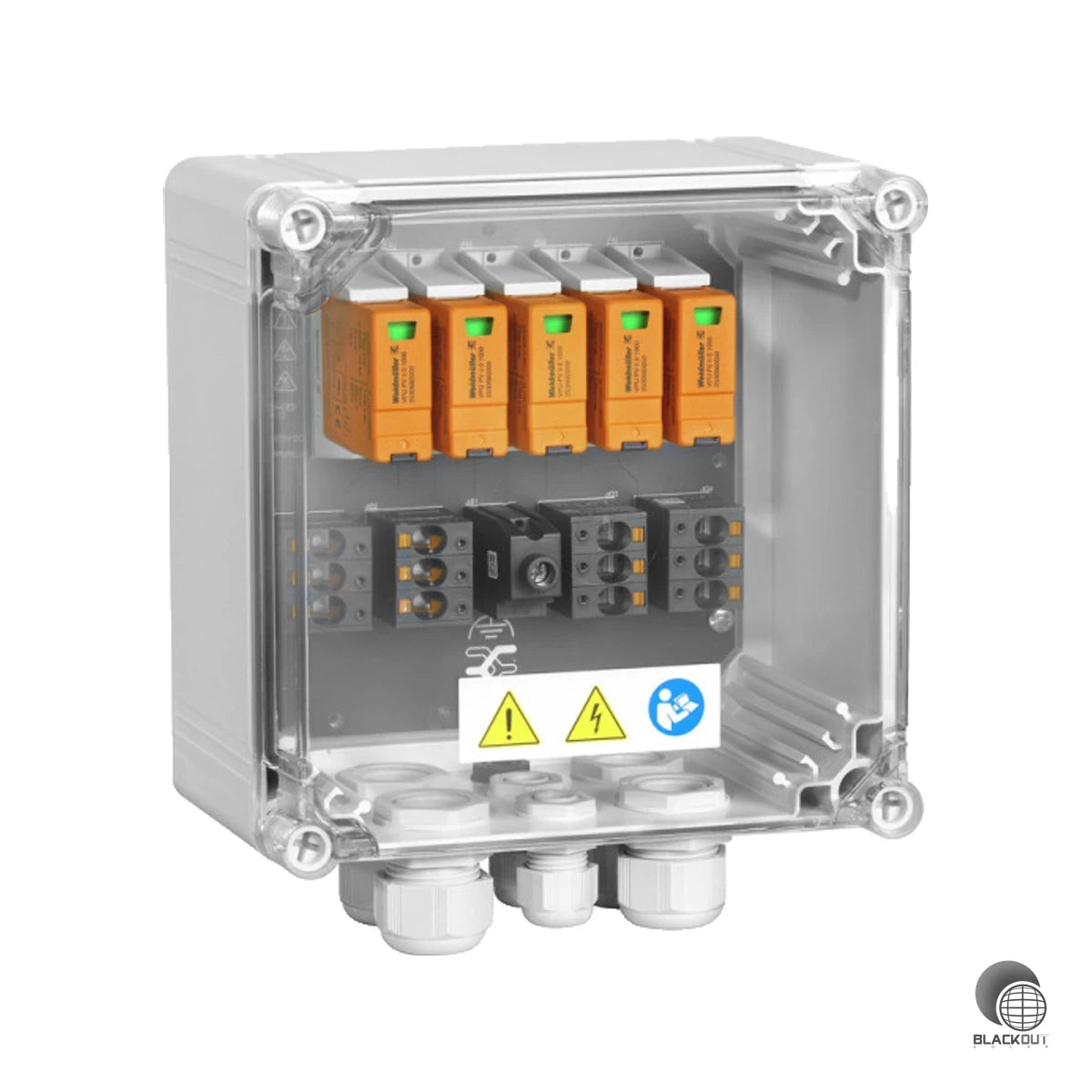 Robuster DC-Generatoranschlusskasten für Photovoltaikanlagen mit 2 MPP-Eingängen und integriertem Überspannungsschutz Typ 2 – optimiert für den professionellen Einsatz an PV-Strings bis 1100 V.