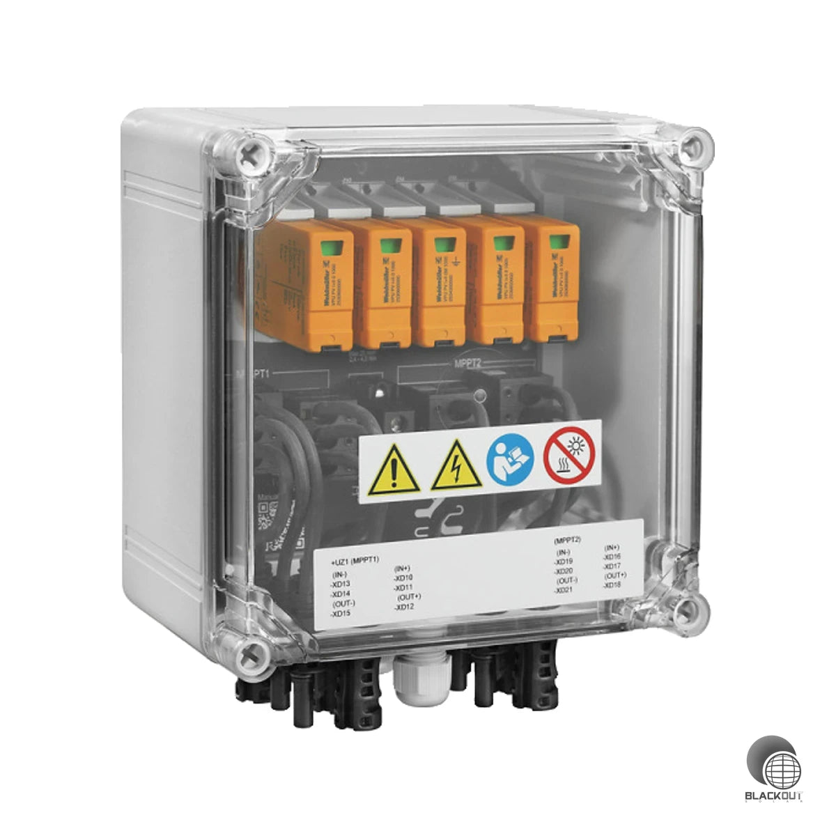 Professioneller DC-Generatoranschlusskasten für Photovoltaikanlagen mit 2 MPP-Eingängen, integriertem Überspannungsschutz Typ 1+2 und Systemspannung bis 1100 V.