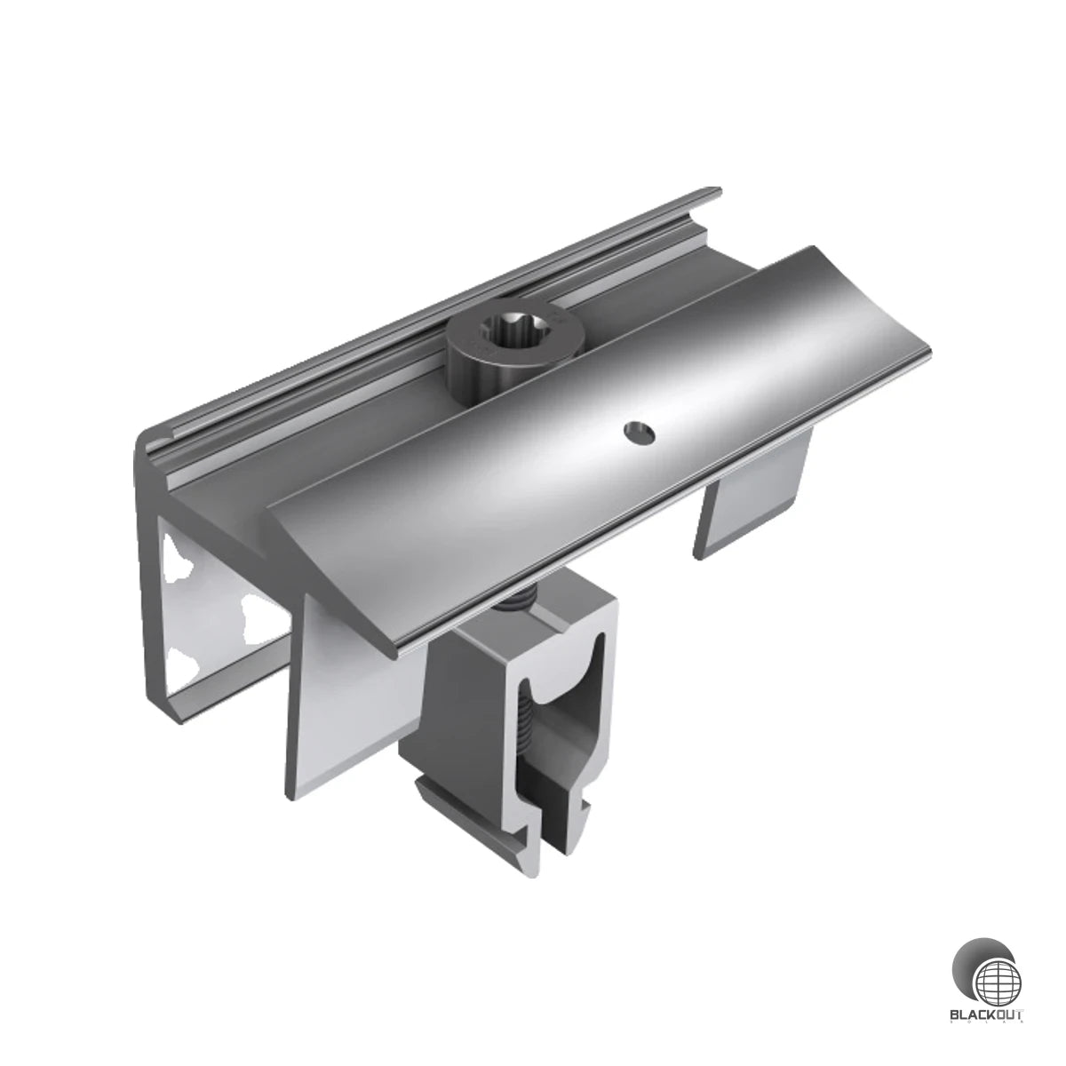 Universelle Endklemme mit integriertem Erdungspin für die sichere und flexible Montage von PV-Modulen auf Tragschienen — kompatibel mit allen SL Rack RAIL-Systemen.