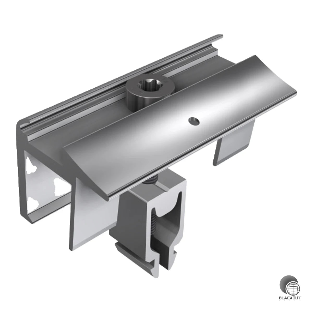 Universelle Endklemme für PV-Module mit Rahmenhöhen von 28 bis 45 mm. Durch einfaches Drehen um 90° flexibel vertikal oder horizontal montierbar — kompatibel mit allen RAIL-Systemen.