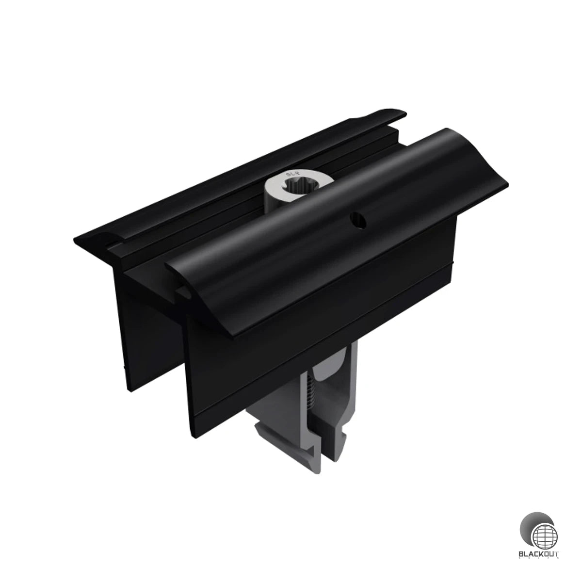 Universelle Mittelklemme mit integriertem Erdungspin für die flexible Montage von PV-Modulen auf Tragschienen — passend für Rahmen von 28 bis 45 mm Höhe, in elegantem Schwarz eloxiert.