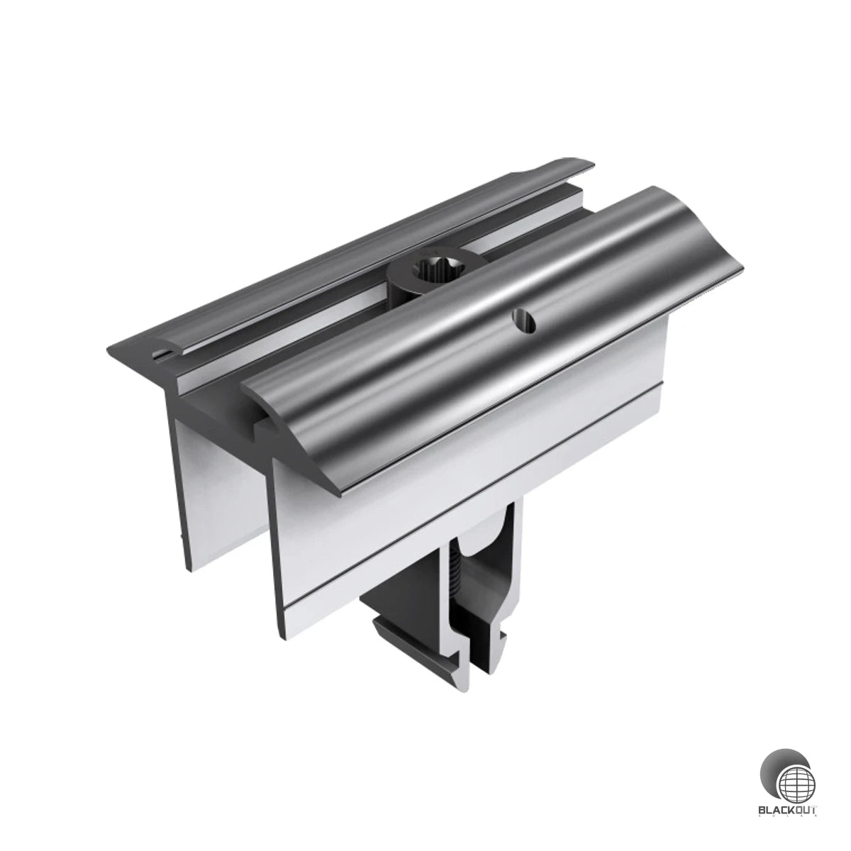 Universelle Mittelklemme für die flexible Montage von PV-Modulen auf Tragschienen — kompatibel mit allen SL Rack RAIL-Systemen und Rahmenhöhen von 28 bis 45 mm.
