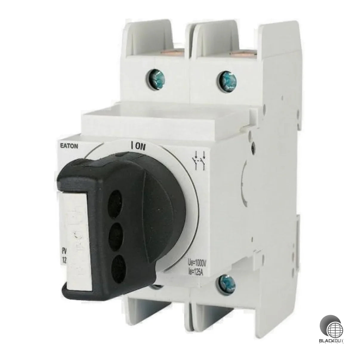 Kompakter 2-poliger DC-Lasttrennschalter von Eaton für Photovoltaikanlagen bis 800 V und 100 A. Polaritätsunabhängig, verriegelbar und mit nur 54 mm Breite ideal für den platzsparenden Verteilereinbau.