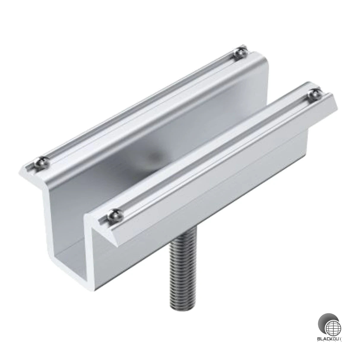 Vormontierte Modul-Mittelklemme für Rahmenhöhen von 30 bis 50 mm – mit integrierten Erdungs-Pins für zuverlässigen Potenzialausgleich zwischen Modulrahmen und Gestell.