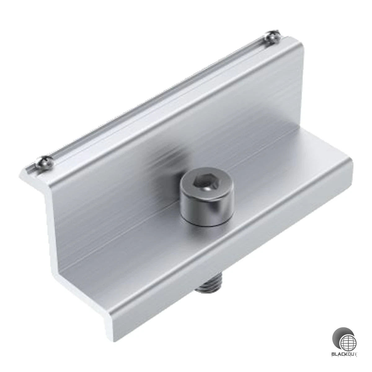 Vormontierte Modul-Endklemme für 35 mm Rahmenhöhe mit integrierten Erdungs-Pins für den Potenzialausgleich. Sichere Fixierung per M8-Innensechskantschraube aus hochwertigem Aluminium und rostfreiem Edelstahl.