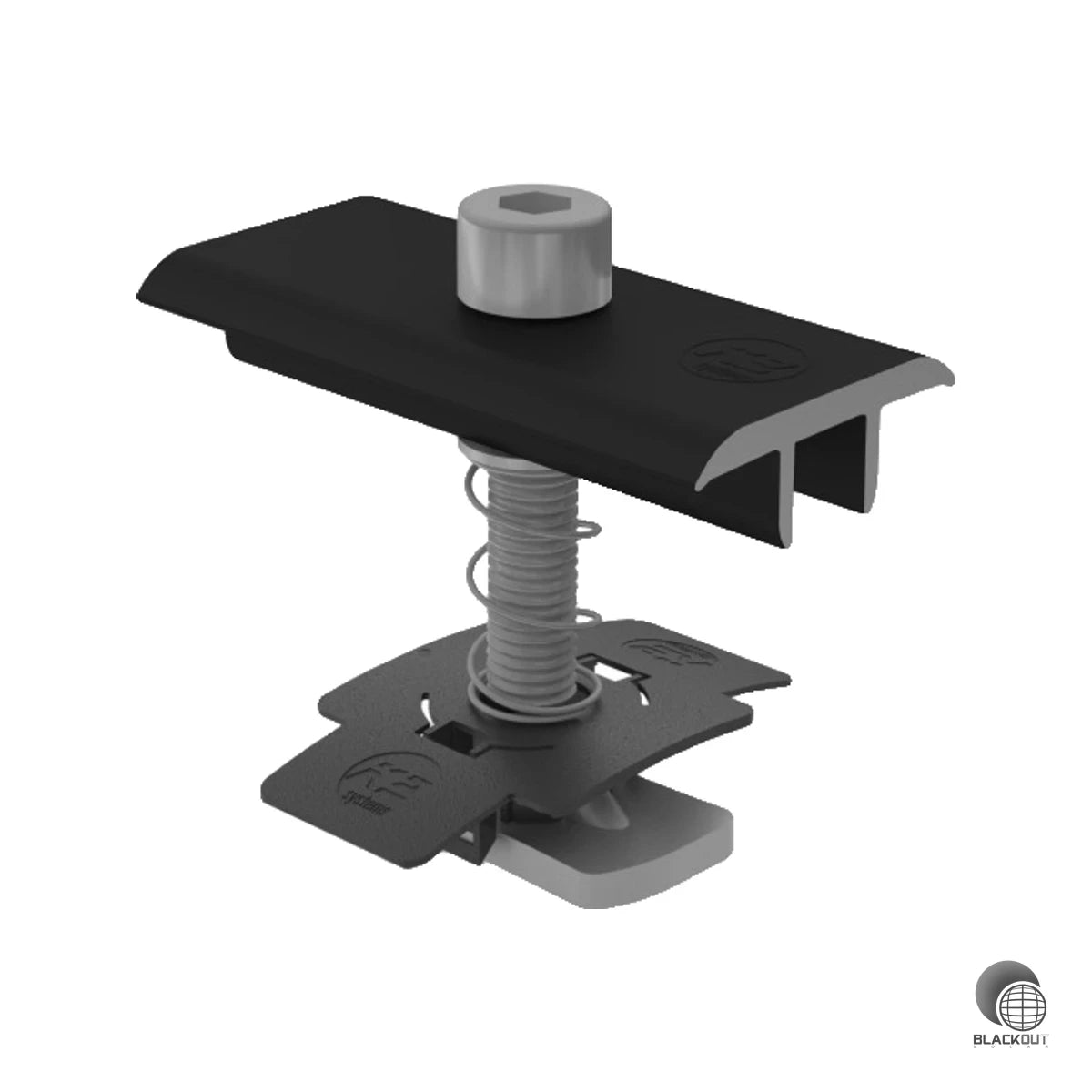 Schwarz eloxierte Aluminium-Mittelklemmen von K2 Systems zum sicheren Fixieren von Solarmodulen mit 33–35 mm Rahmenhöhe — inkl. Befestigungsmaterial.