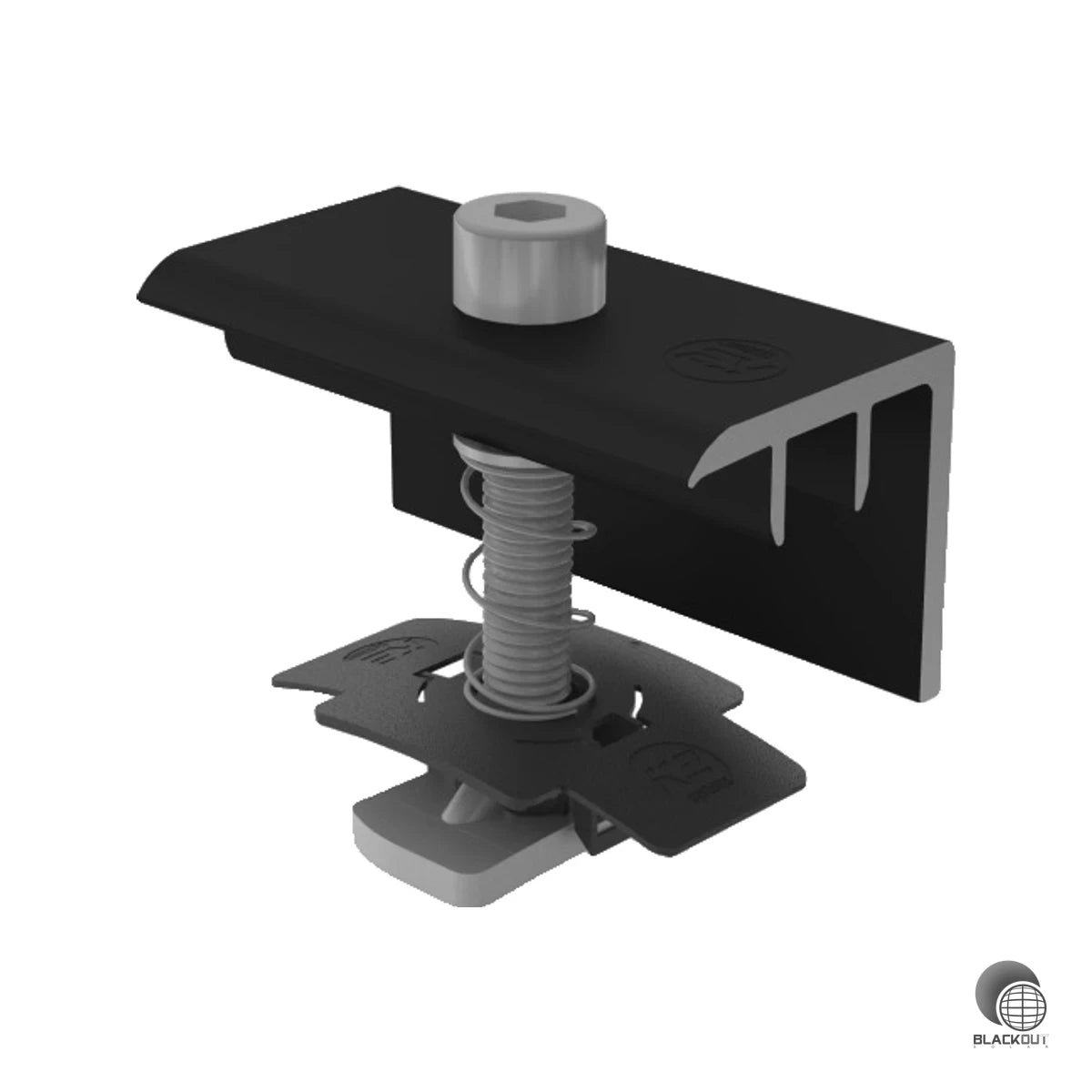 Schwarz eloxierte Aluminium-Endklemmen von K2 Systems zum sicheren Fixieren von Solarmodulen mit 30 mm Rahmenhöhe — inklusive allem nötigen Befestigungsmaterial.