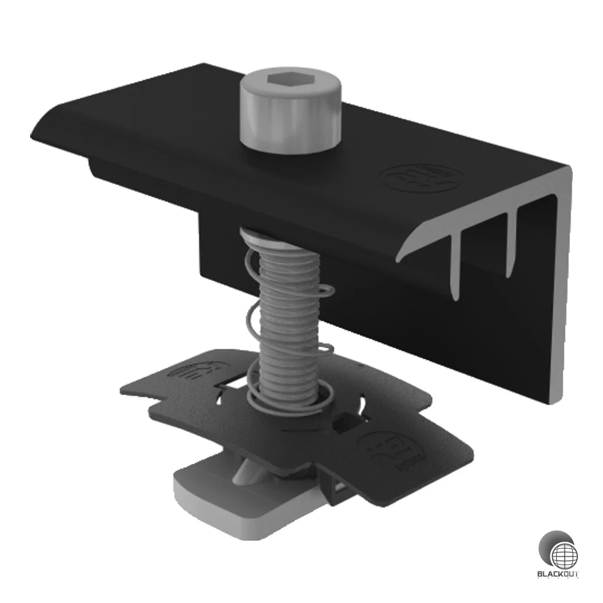 Schwarz eloxierte Aluminium-Endklemme zur sicheren Fixierung von Solarmodulen mit 33 mm Rahmenhöhe. Komplett-Set inkl. Edelstahlschraube, Sicherungsscheibe und Feder.