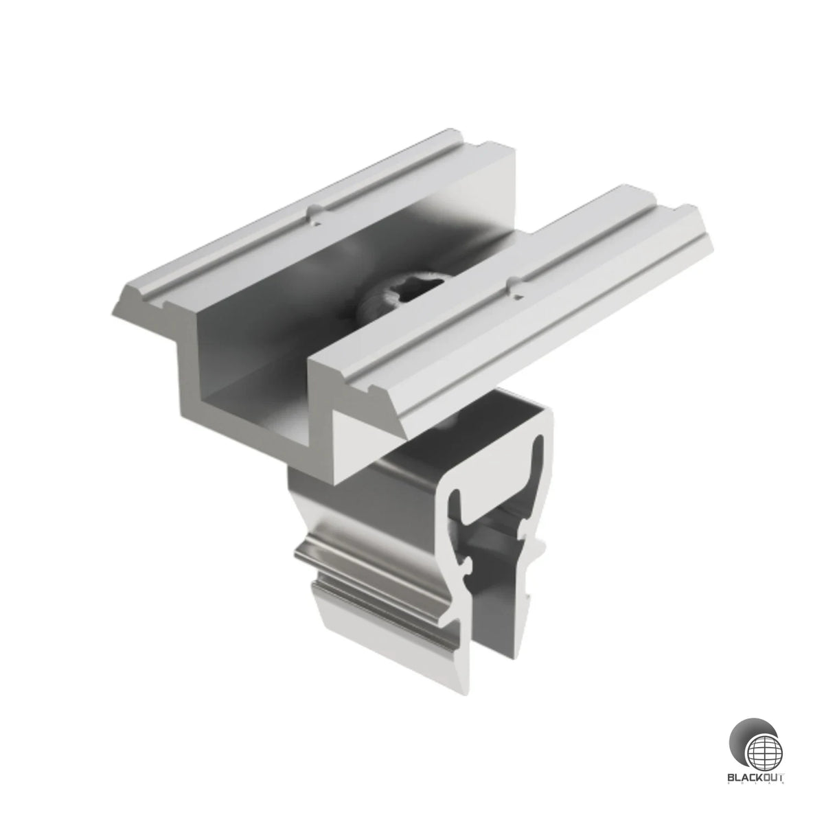 Aluminium-Mitteklemme aus dem Prefa Prevario Solarmontagesystem für Modulrahmenstärken von 28 bis 37 mm. Mit integrierten Pins für den Potentialausgleich zwischen den PV-Modulen.