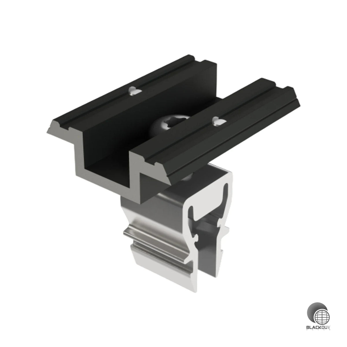 Schwarz eloxierte Aluminium-Mitteklemme aus dem Prefa Prevario Solarmontagesystem für Modulrahmenhöhen von 28 bis 37 mm. Stellt über integrierte Pins den Potentialausgleich zwischen den Modulen her.
