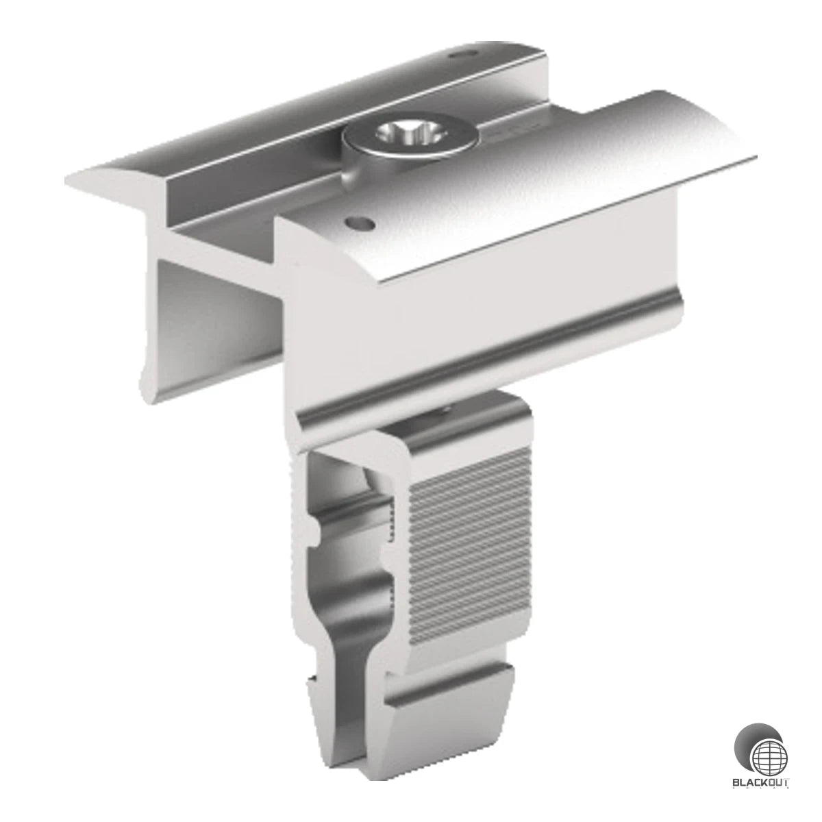 Universelle Mittelklemme für PV-Montagesysteme mit variablem Klemmbereich von 30–40 mm, integriertem Erdungspin und korrosionsbeständiger Aluminium-Konstruktion.