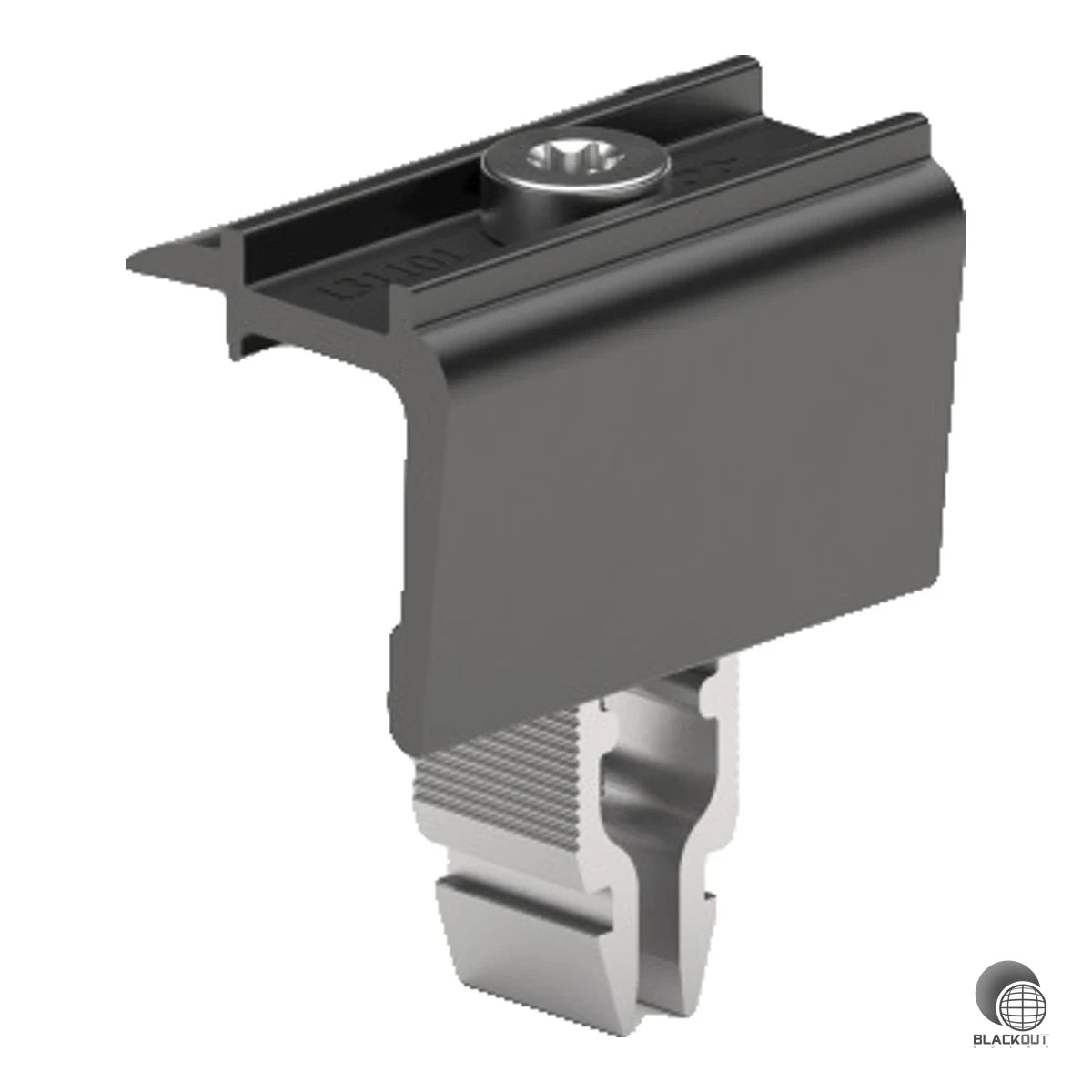 Schwarze Aluminium-Endklemme für PV-Montagesysteme mit variablem Rahmenbereich von 30–40 mm und integriertem Erdungspin.