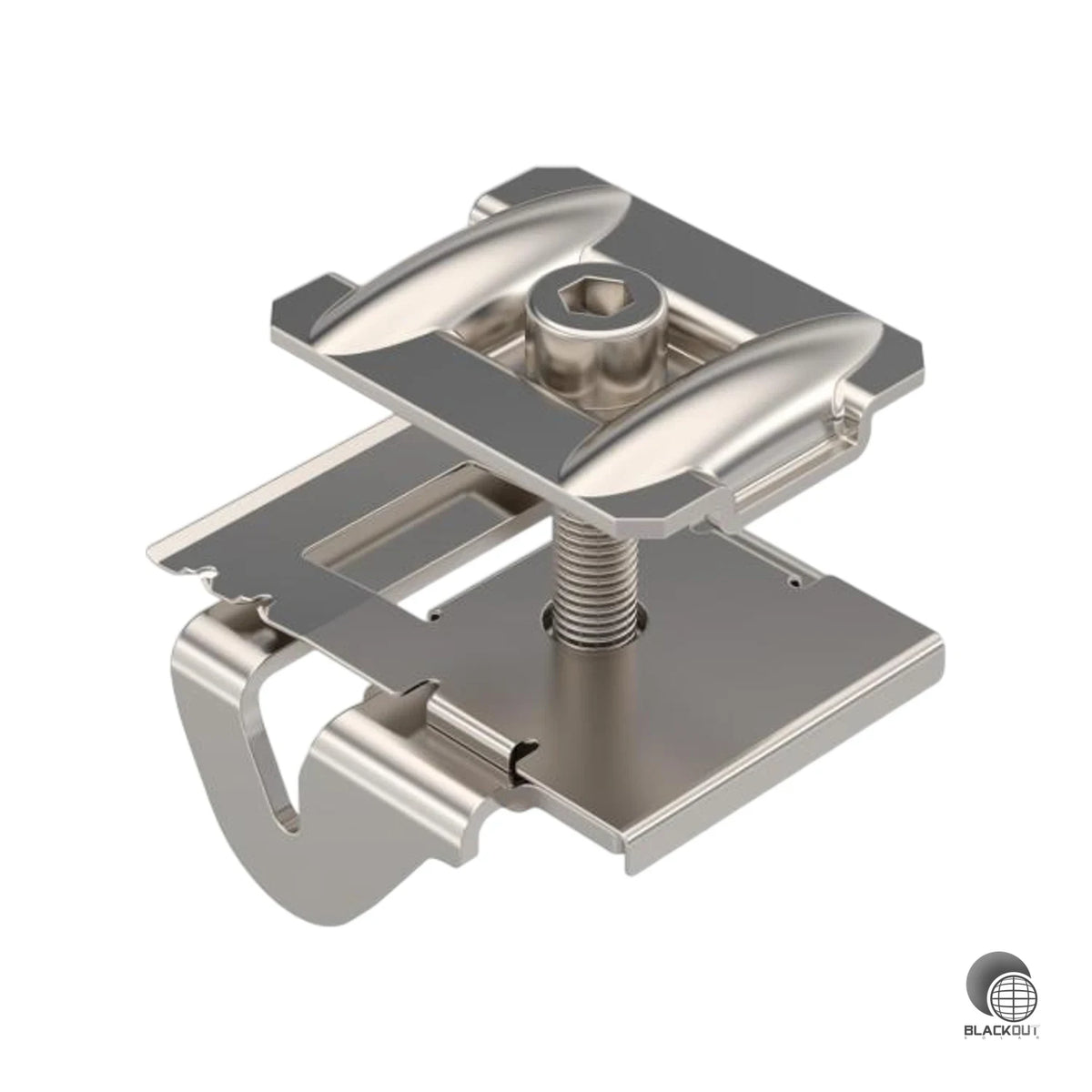Mittelklemme aus rostfreiem Stahl für Freiflächensysteme, geeignet für Modulrahmen mit 20–30 mm Höhe. Rastbare Vorbefestigung am Trägerprofil ermöglicht schnelle und sichere Modulmontage.