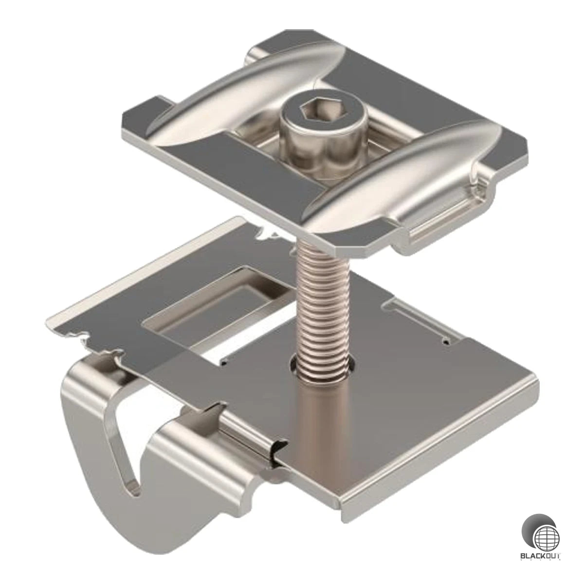 Mittelklemme aus rostfreiem Stahl zur sicheren Befestigung von PV-Modulrahmen (30–40 mm) auf Trägerprofilen in Freiflächensystemen — mit rastbarer Vorbefestigung und Schlitzweite 10 mm.