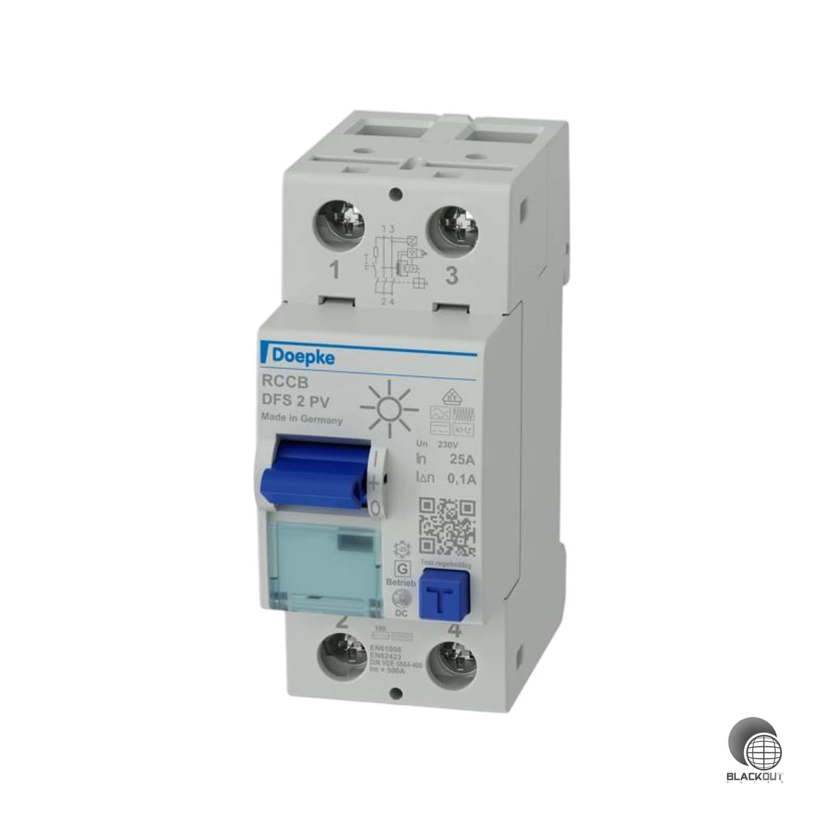 Allstromsensitiver FI-Schutzschalter Typ B+ von Doepke, speziell für Photovoltaikanlagen entwickelt — mit PV-optimierter Kurzzeitverzögerung für maximale Verfügbarkeit und zuverlässigen Schutz ohne Fehlauslösungen.