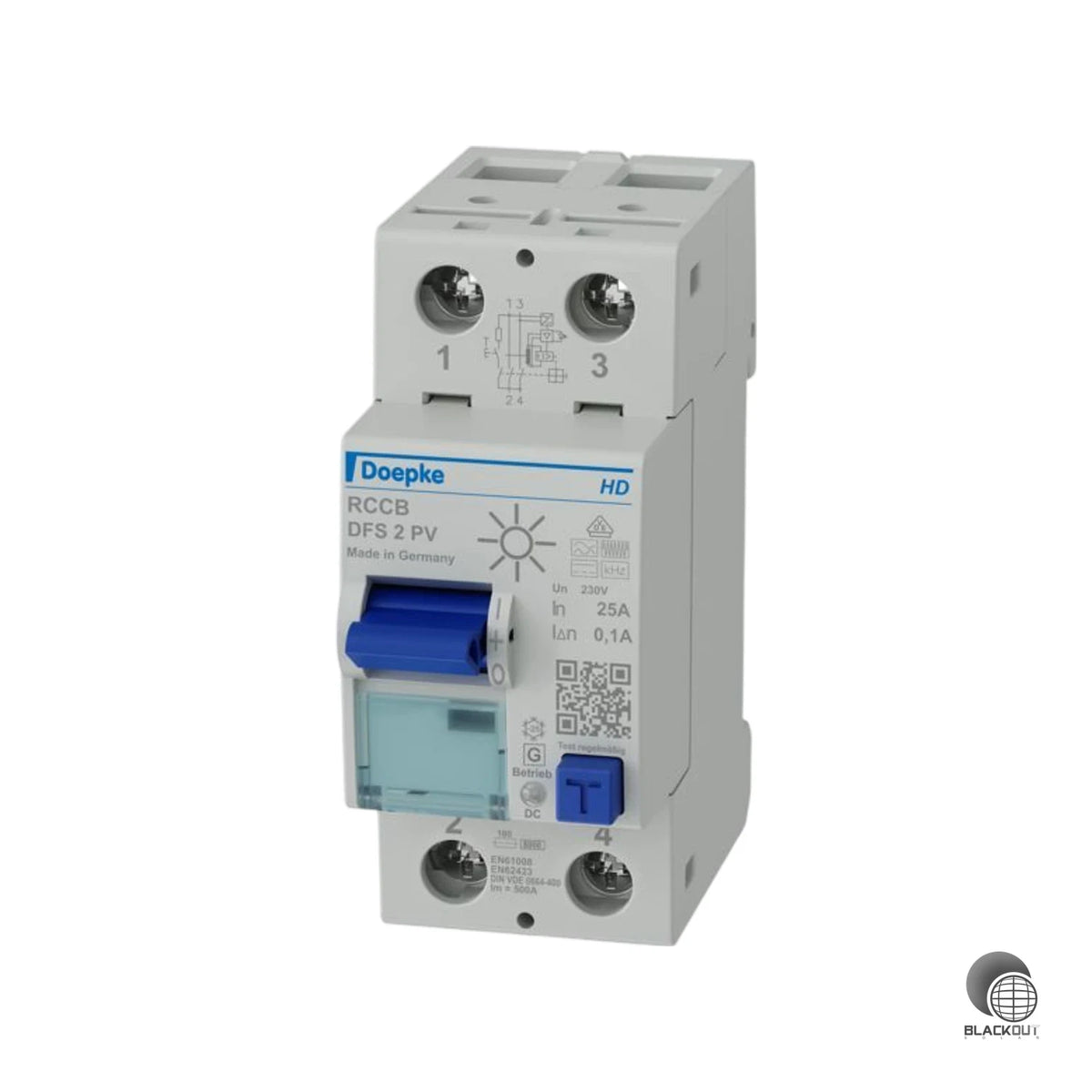 Allstromsensitiver FI-Schutzschalter Typ B+ von Doepke, speziell für Photovoltaikanlagen entwickelt – mit PV-optimierter Kurzzeitverzögerung und robuster HD-Ausführung für zuverlässigen Schutz auch unter anspruchsvollen Bedingungen.
