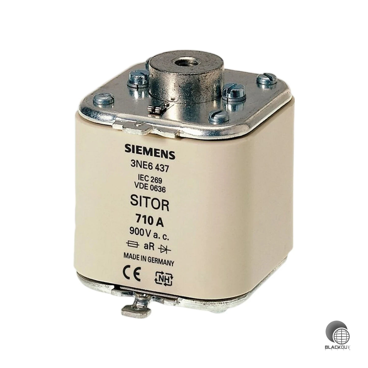 Superflinker SITOR-Sicherungseinsatz mit beidseitigem Innengewinde für zuverlässigen Halbleiterschutz in industriellen Anlagen – ausgelegt für 900 A bei 900 V AC und 440 V DC.