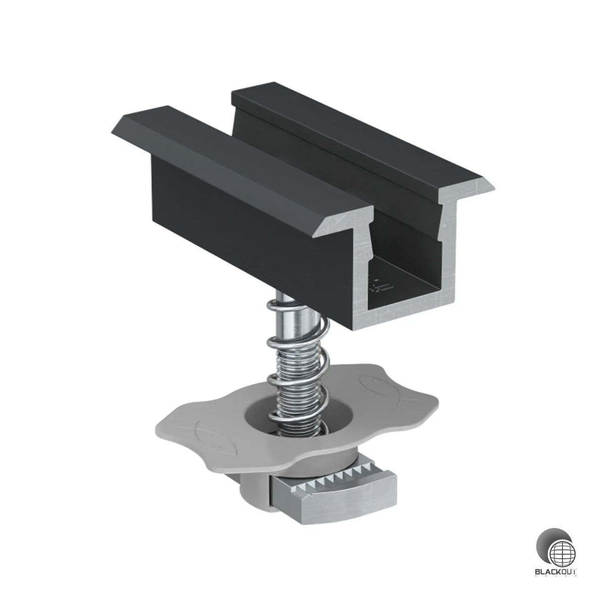 Vormontierte Mittelklemme für PV-Module mit 28–34 mm Rahmendicke. Federmechanismus und Hammermutter mit Kunststoffkäfig ermöglichen eine schnelle, werkzeugeffiziente Montage auf Profilschienen.