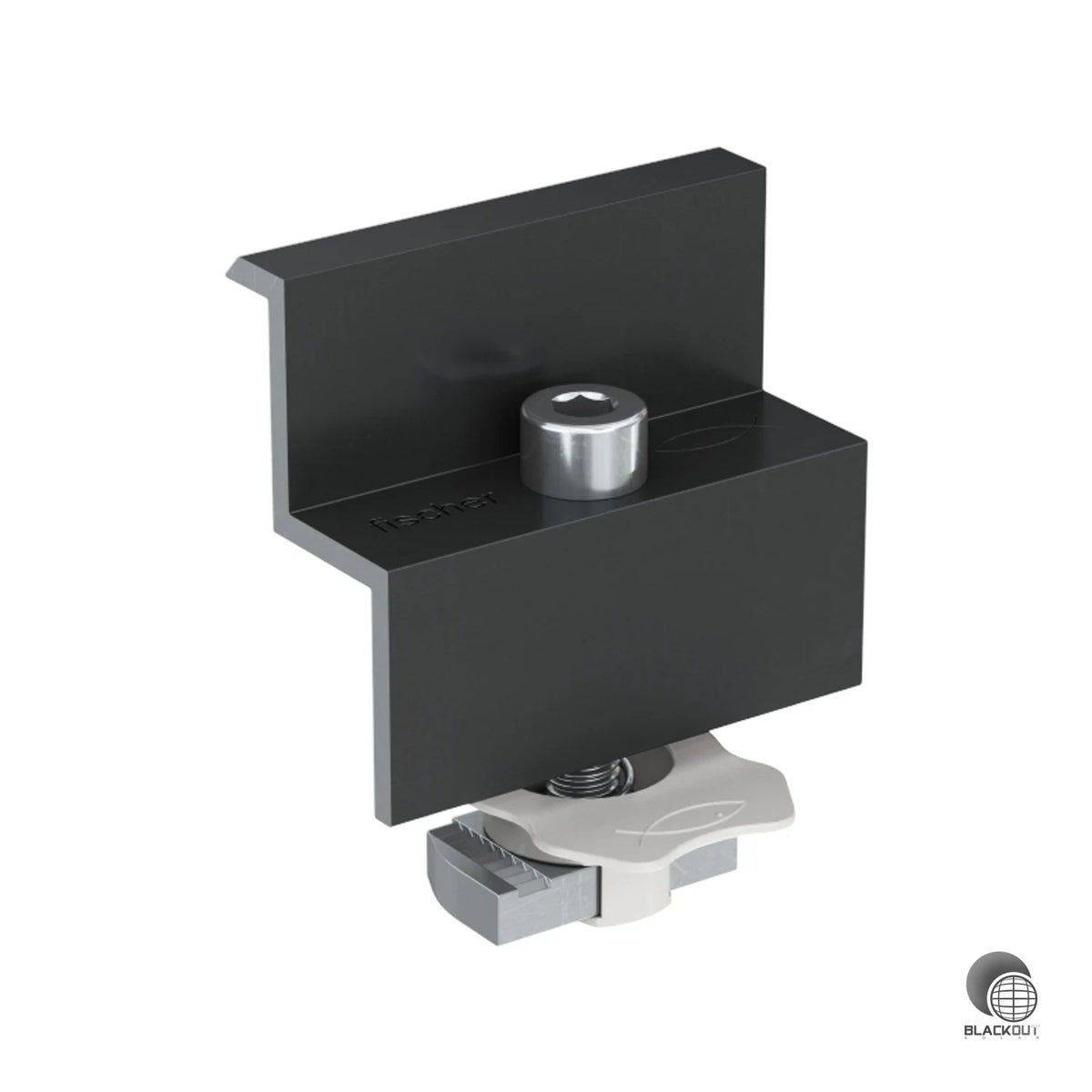 Vormontierte Endklemme aus Aluminium für PV-Module mit 40 mm Rahmendicke. Dank Hammermutter mit Kunststoffkäfig und Federmechanismus schnell auf der Montageschiene positionierbar.