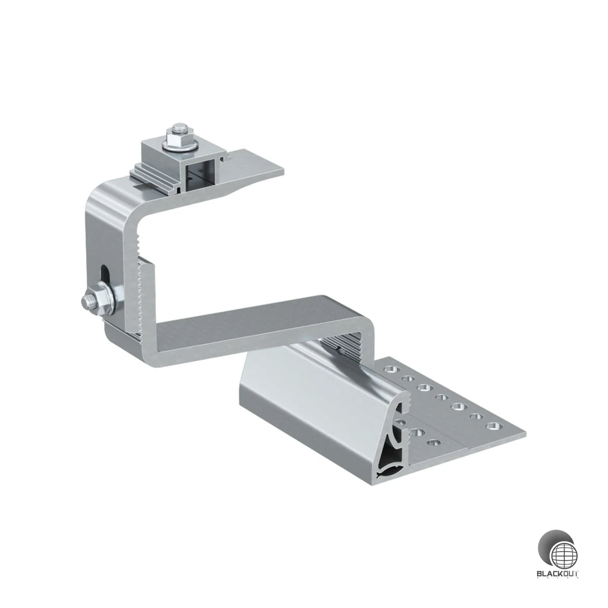 Verstellbarer Aluminium-Dachhaken für die PV-Montage auf Ziegeldächern mit Ziegelstärken von 52–67 mm. Horizontale Verstellung an der Grundplatte für exakte Anpassung an den Dachziegel.